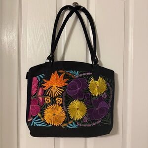 Artisanal Embroidered Floral Black Suede Tote - NWOT